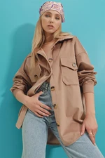 Trend Alaçatı Stili Women's Beige Velvet Cotton Double Pocket Oversized Jacket Shirt