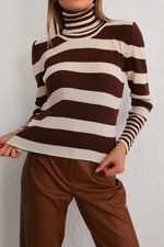 BİKELİFE Women's Brown Striped Soft Textured Lycra Basic Knitwear Sweater