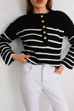 BİKELİFE Women's Black Oversize Gold Buttoned Striped Thick Knitwear Sweater