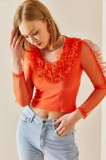 XHAN Orange V-Neck Tutu Detailed Blouse