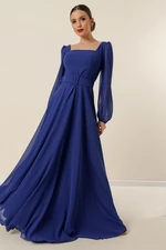 By Saygı Lined Chiffon Long Evening Dress with a Square Neck Waist and Belted Belt.