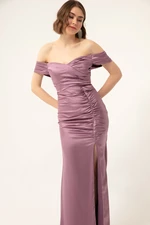 Lafaba Women's Lavender Smocking Detail Long Slit Evening Dress.