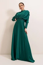 By Saygı Front Back Gathered Sleeves Button Detailed Lined Long Satin Dress