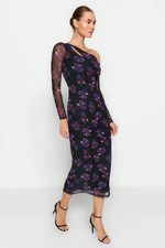 Trendyol Black Printed Asymmetrical Collar Close-fitting Lined Tulle Midi Knit Dress