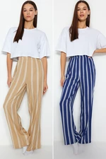 Trendyol Navy Blue-Beige 2 Pack Viscose Woven Pajama Bottoms