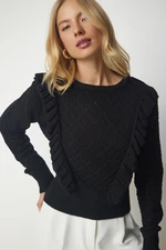 Happiness İstanbul Women's Black Openwork Frill Detailed Knitwear Sweater