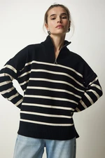 Happiness İstanbul Women's Black and White Zippered Collar Striped Knitwear Sweater