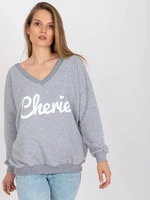 Grey-white oversize sweatshirt with print and V-neck