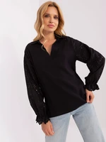 Black shirt blouse with openwork sleeves