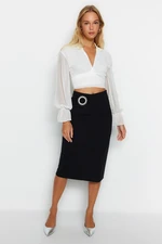 Trendyol Black Buckle Detailed Crepe Midi Knitted Skirt