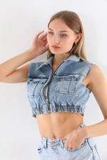 BİKELİFE Women's Blue Lycra Crop Denim Vest