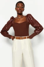 Trendyol Brown Faux Leather Detailed Knitwear Sweater