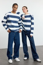 Trendyol Indigo-Ecru Oversize/Wide Cut Crew Neck Striped Polar Fleece Inside Cotton Sweatshirt