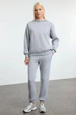 Trendyol Gray Melange Thick Fleece Hooded Oversize/Comfortable Cut Knitted Tracksuit Set