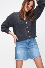 Trend Alaçatı Stili Dámské Antracit V-Neck Knoflíky Pletená doba Cardigan