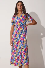 Happiness İstanbul Women's Pink Blue Floral Viscose Viscose Collar Summer Dress