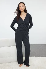 Trendyol Anthracite Melange Tie Detailed Ribbed Knitted Pajama Set