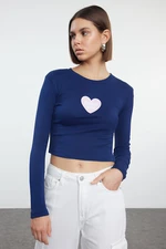 Trendyol Navy Blue Slogan Printed Crop/Short Fitted/Closed Knitted Blouse