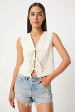 Happiness İstanbul Women's Cream Bow Linen Vest