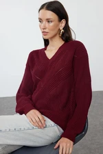 Trendyol Burgundy Openwork/Hole V Neck Knitwear Sweater