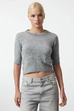 Trendyol Gray Wool Collar Stone Embroidered Knitwear Sweater