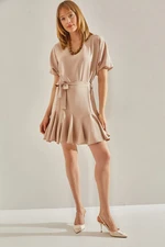 Bianco Lucci Women's Beige Ruffle Detailed V-Neck Belted Dress