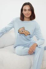 Trendyol Blue 100% Cotton Teddy Bear and Slogan Printed Knitted Pajama Set