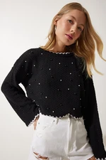 Happiness İstanbul Women's Black Pearls Openwork Seasonal Crop Knitwear Sweater