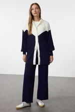 Trendyol Navy Blue Color Block Ribbed Cardigan-Pants Knitwear Top-Top Set