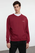 Trendyol Claret Red Unisex Oversize/Wide Cut Polar Fleece Inside V Neck Printed Sweatshirt