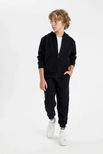 DEFACTO Boy Basic Plain Black Hooded Zippered Pocket School Cardigan T7468a624au