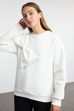 Trendyol Ecru Thin Crew Neck Ribbon Detailed Oversize/Comfortable Cut Knitted Sweatshirt