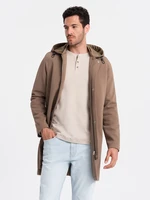 Ombre Men's hooded coat in fine stripe - coffee