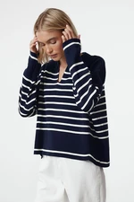 Trendyol Navy Blue Wide Neck Detailed Striped Knitwear Sweater