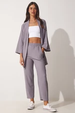 Happiness İstanbul Women's Stone Gray Kimono and Pants, Knitted Set