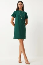 Happiness İstanbul Women's Emerald Green Crew Neck Basic Crepe Dress