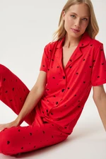 Happiness İstanbul Women's Red Heart Shirt Trousers Pajama Set