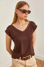 Olalook Women's Bitter Brown Silver Stitching Detailed V-Neck Knitted Viscose Blouse