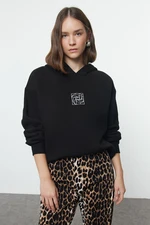 Trendyol Black Oversize/Wide Pattern Embroidered Thick Inside Fleece Knitted Sweatshirt