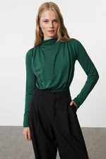 Trendyol Emerald Green Fitted Stand Collar Gathered Drape Detailed Snap-Front Flexible Knitted Bodysuit