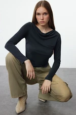 Trendyol Anthracite Modal Fabric Lace Collar Draped Padded Asymmetrical Knitted Blouse