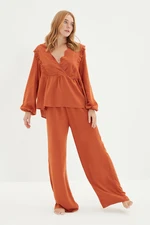 Trendyol Cinnamon Flower Embroidered Frilly Viscose Woven Pajamas Set