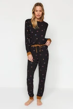 Trendyol Black Floral Tshirt-Jogger Knitted Pajamas Set