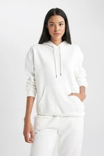 DEFACTO Relax Fit Hooded Kangaroo Pocket Thick Basic Plain White Sweatshirt