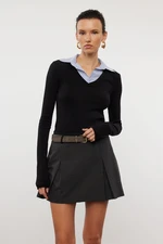 Trendyol Black Woven Detailed Shirt Collar Regular/Normal Fit Knitted Blouse