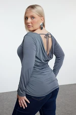 Trendyol Curve Anthracite Boat Neck Lace Back Knitted Plus Size Blouse