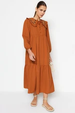 Trendyol Cinnamon Collar Embroidered Half Pat Linen Look Woven Dress