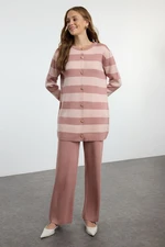 Trendyol Dusty Rose Striped Knitwear Cardigan Trousers Top-Bottom Set