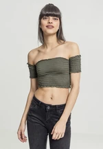 Ladies Cropped Cold Shoulder Smoke Top Olive