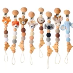 Crochet Cartoon Animal Pacifier Clips Appease Soother Chain Wood Beads Anti-drop Dummy Holder Nipple Clip Teething Toy Baby Gift